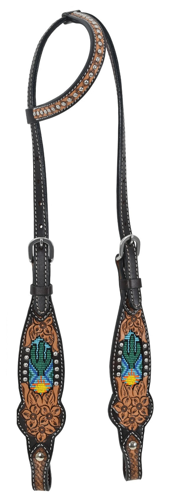 Rafter T Single Ear Headstall with Beaded Cactus Inlay