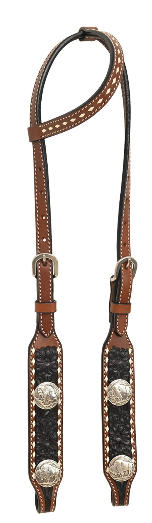 Rafter T One Ear Headstall w/Floral Tooling & White Buckstitch