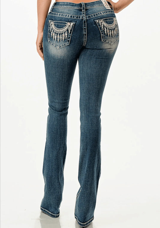 Grace in LA Women's Feather Necklace Easy Fit  Bootcut Jeans-36" Inseam