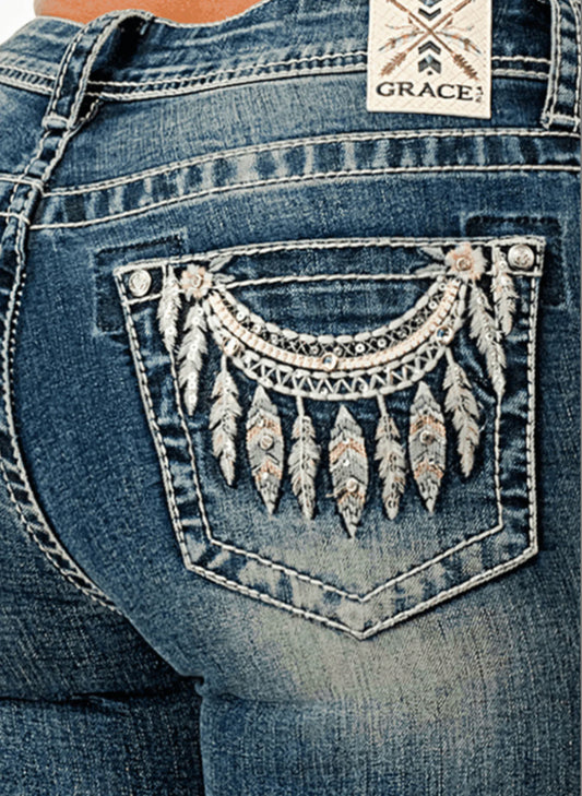 Grace in LA Women's Feather Necklace Easy Fit  Bootcut Jeans-36" Inseam