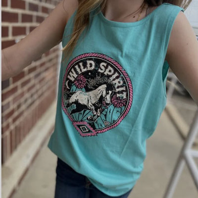 Rock & Roll Girl's Turquoise Wild Spirit Graphic Tank Top