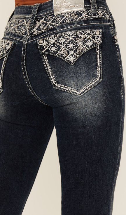 Grace In LA Women's Dark Wash Floral Paisley Embroidered Mid Rise Bootcut Jeans