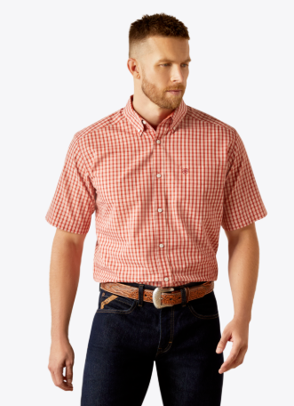 Ariat Men's Wrinkle Free Emery Classic Fit Short Sleeve Orange Plaid Shirt