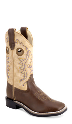 Old West Kid's Chocolate Brown & Cactus Ivory Square Toe Boots