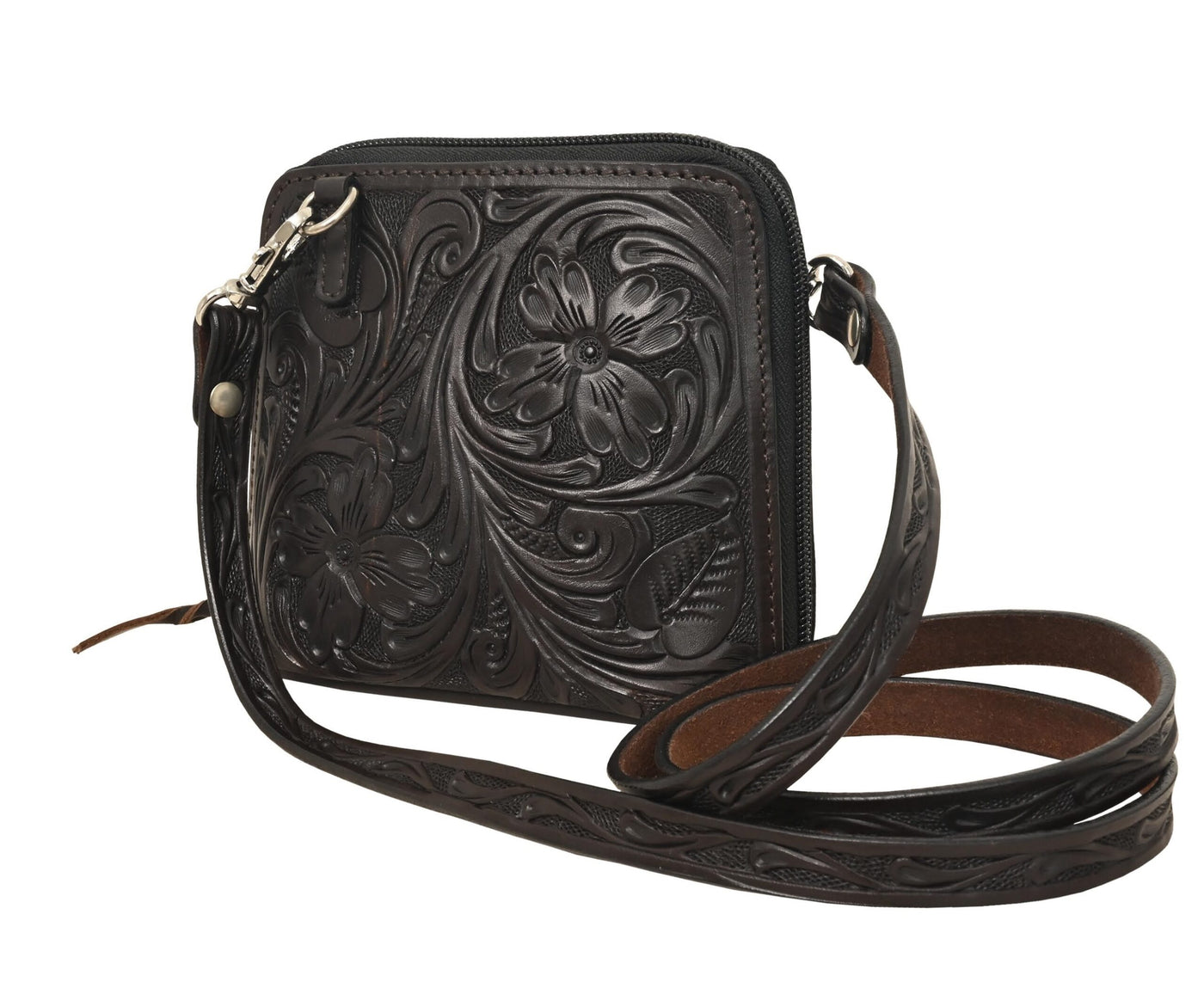 Rafter T Floral Carving & Basket Tooling Mini Crossbody Bag