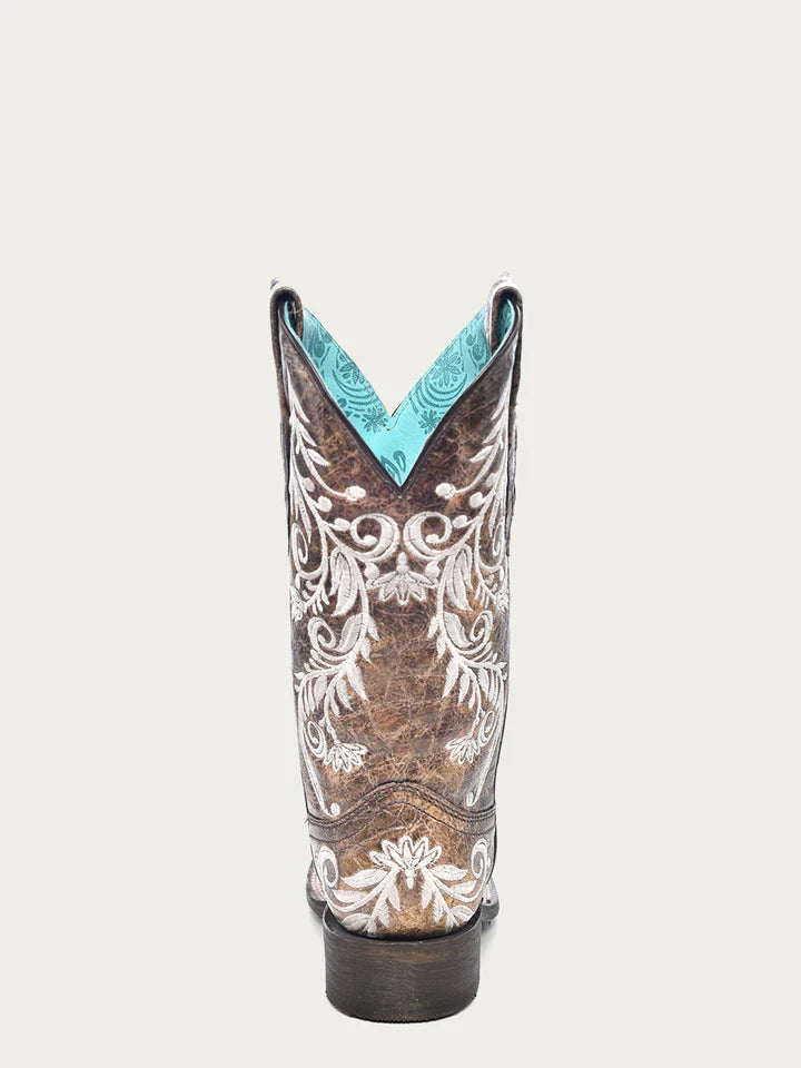 Corral Women's Glow in the Dark White Feathered Floral Embroidery Brown Boots