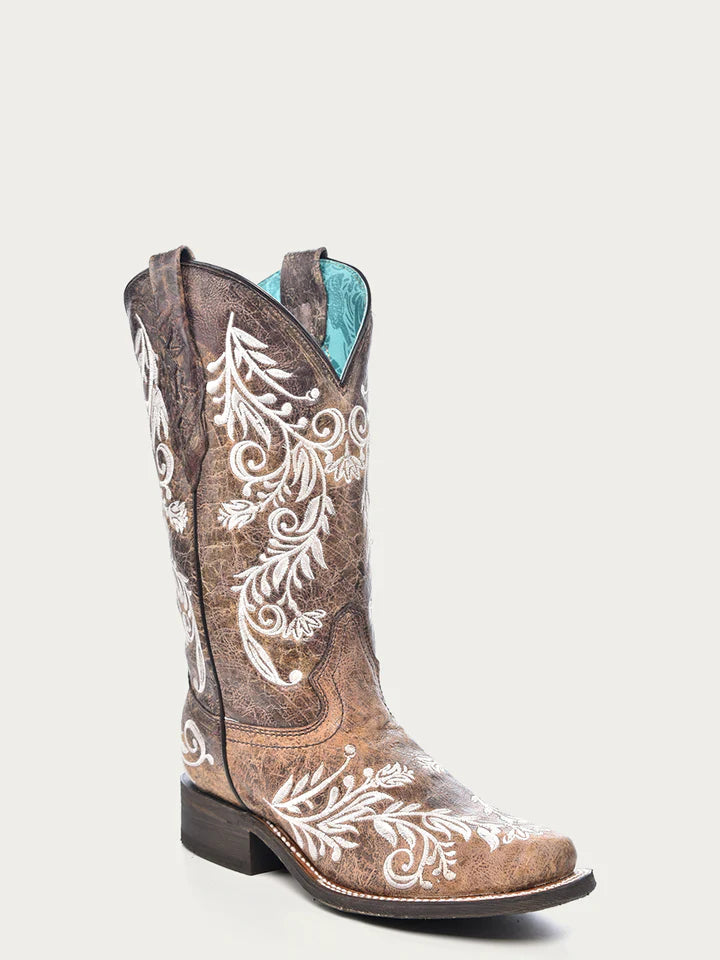 Corral Women's Glow in the Dark White Feathered Floral Embroidery Brown Boots