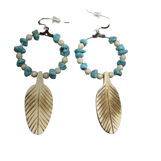 Turquoise River Stone Hoop Earrings with Bone Feather