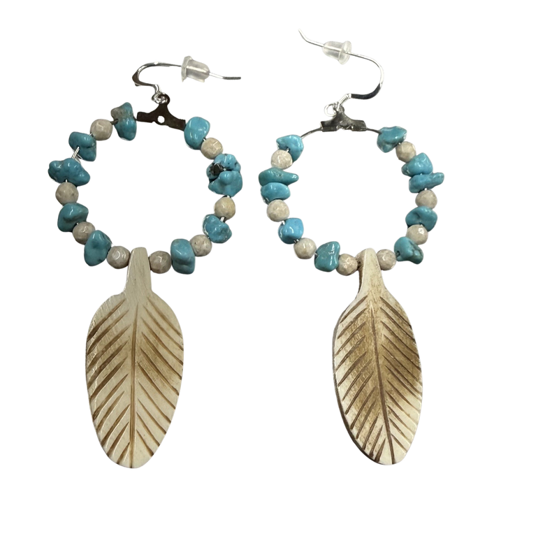 Turquoise River Stone Hoop Earrings with Bone Feather