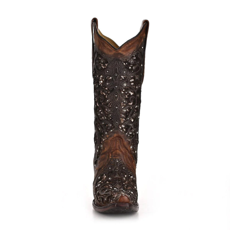 Corral Women's Black Glitter Inlay Snip Toe Cognac Boots