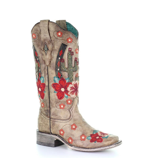 Corral Women's Cactus Floral Embroidery Overlay Square Toe Boots