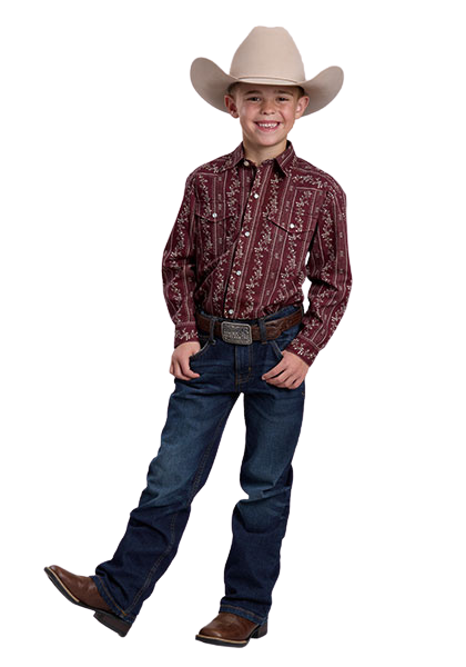 Roper Boy's Brick Red & Cream Trellis Print Long Sleeve Snap Shirt