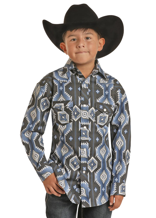 Rock & Roll Boy's Aztec Poplin Print Long Sleeve Shirt