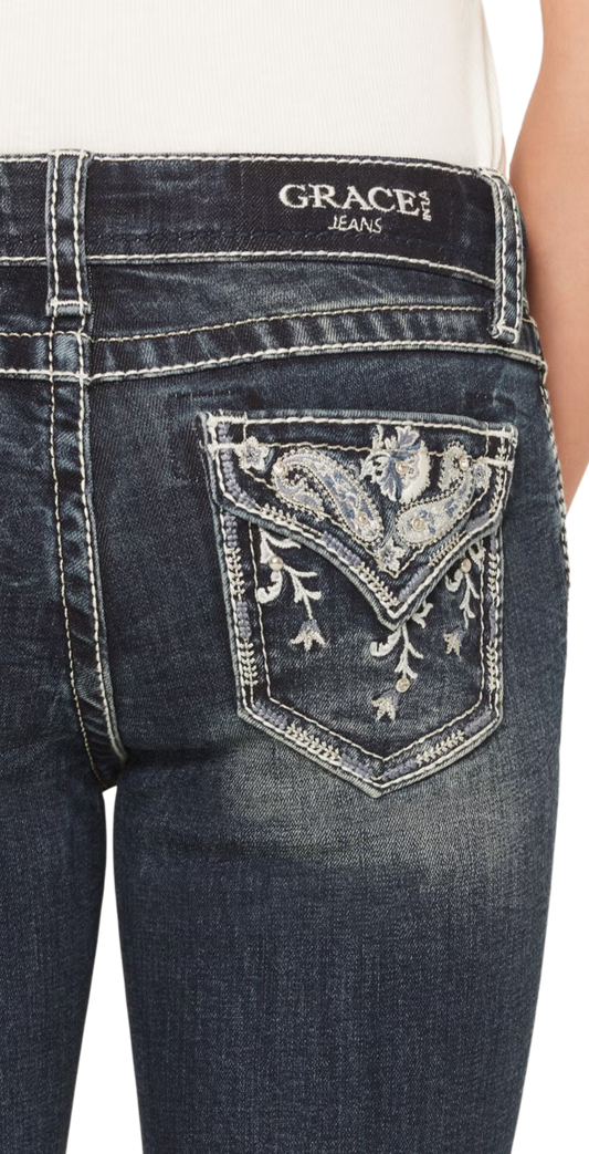 Grace in LA Girls' Dark Wash Floral Pocket Bootcut Jeans