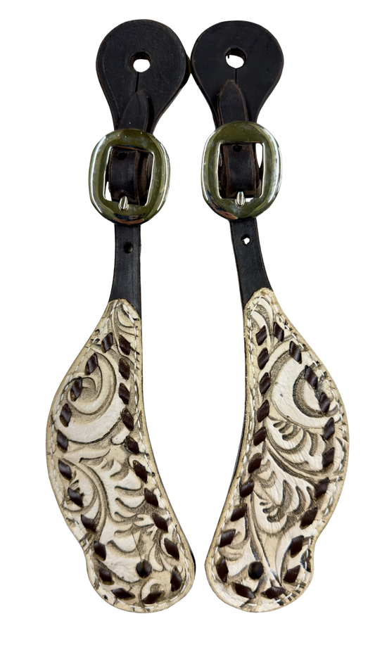 San Saba Chocolate Leather Spur Straps w/Floral Print & Buckstitch