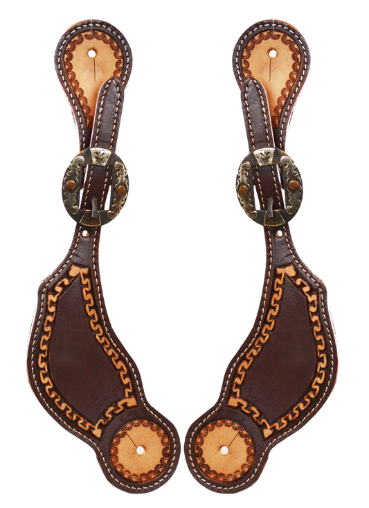 Two Toned Running W Ladies Spur Straps w/Antique Floral Buckle