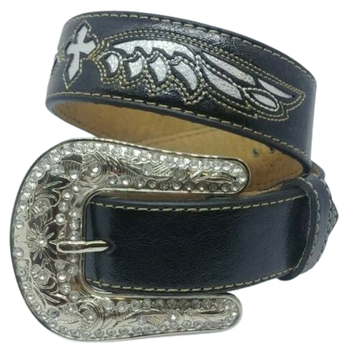 Nocona Girl's Black Belt With Cross And Wings