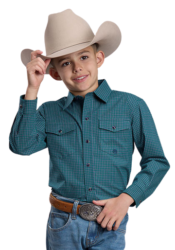 Roper Boy's Green Plaid Long Sleeve Stretch Snap Western Shirt