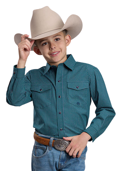 Roper Boy's Green Plaid Long Sleeve Stretch Snap Western Shirt