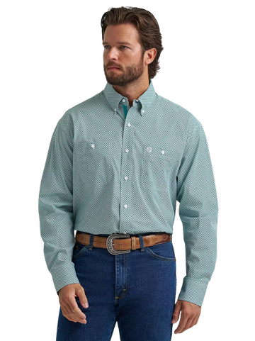 Wrangler Men's George Strait Aqua Cross Long Sleeve Button Down Two Pocket Shirt