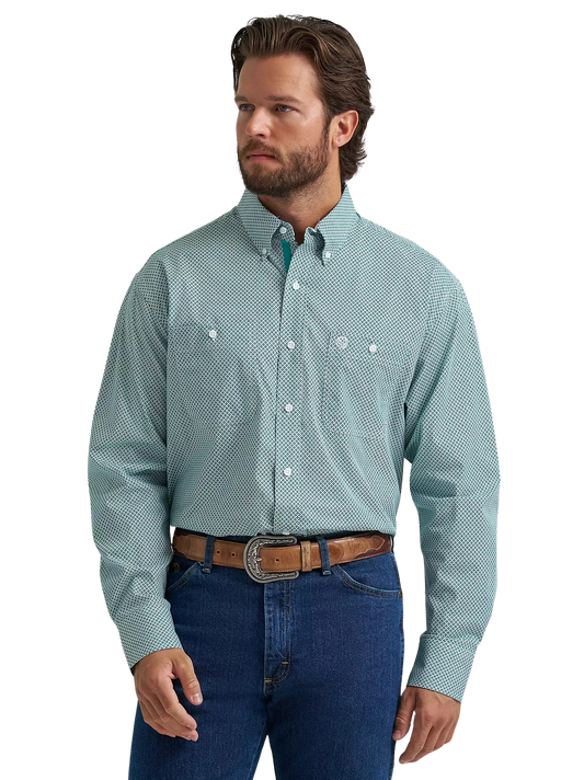Wrangler Men's George Strait Aqua Cross Long Sleeve Button Down Two Pocket Shirt