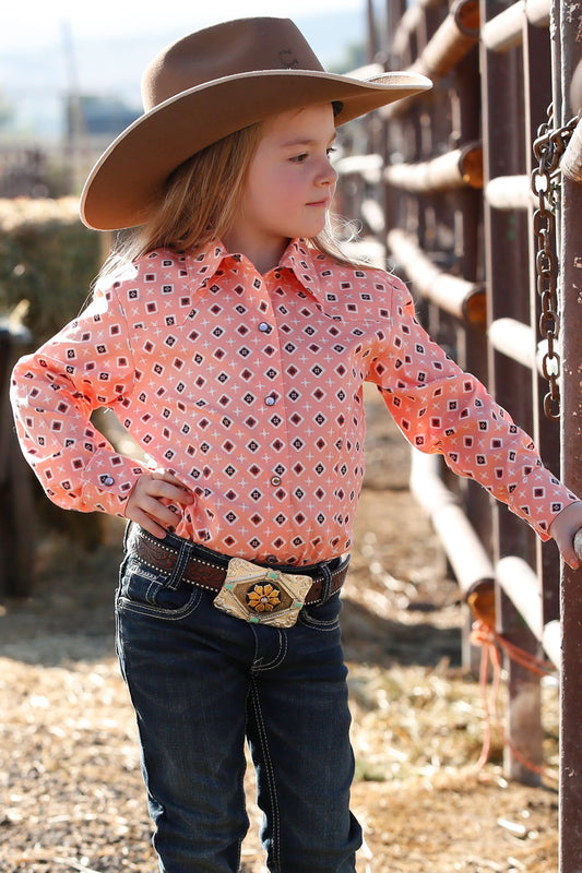 Cruel Girl's Peach/Navy Geometric Print Western Shirt