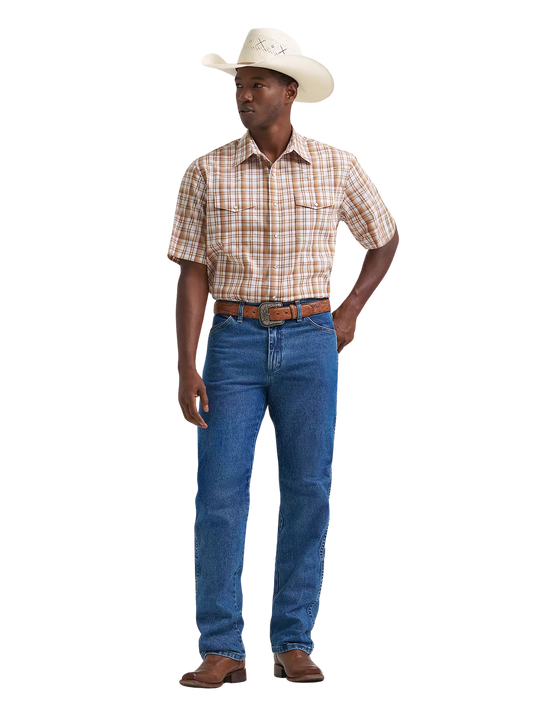 Wrangler Men's Wrinkle Resist Short Sleeve Western Snap Hay Brown Plaid Shirt