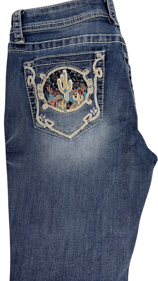 Grace Women's Cactus Designed Pocket Easy Fit Mid Rise Bootcut Jeans