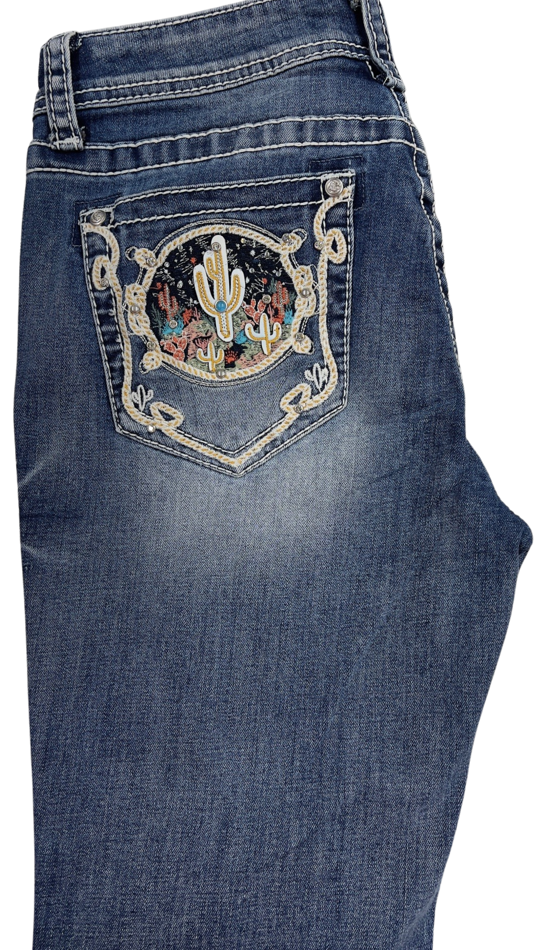 Grace Women's Cactus Designed Pocket Easy Fit Mid Rise Bootcut Jeans