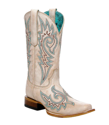 Corral Women's Blue and Red Embroidery Bone Square Toe Cowboy Boots