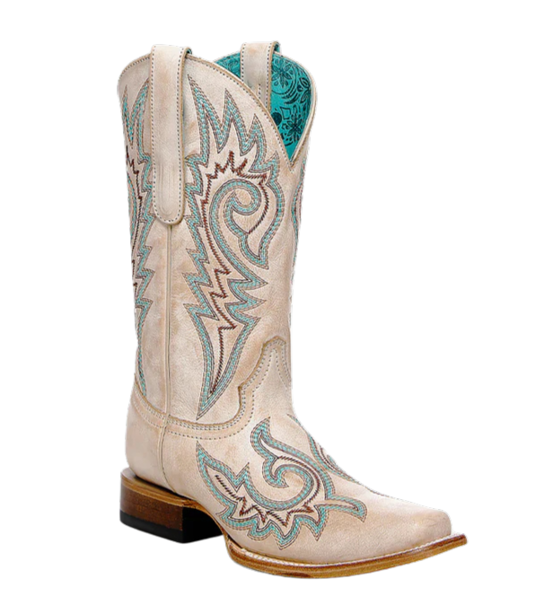 Corral Women's Blue and Red Embroidery Bone Square Toe Cowboy Boots