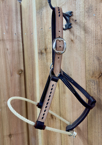 San Saba Rough Out & Buckstitch 1" Chocolate Leather Halter w/Rope Nose