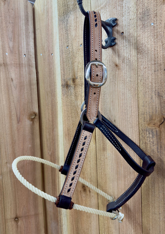 San Saba Rough Out & Buckstitch 1" Chocolate Leather Halter w/Rope Nose
