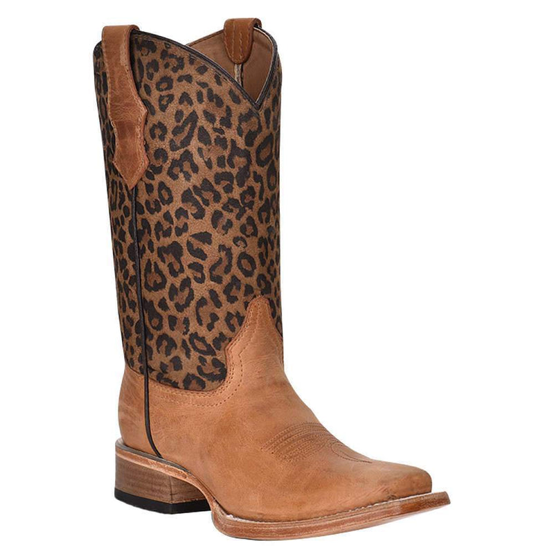 Circle G Girl's Tan Honey Leopard Print Shaft Square Toe Boots