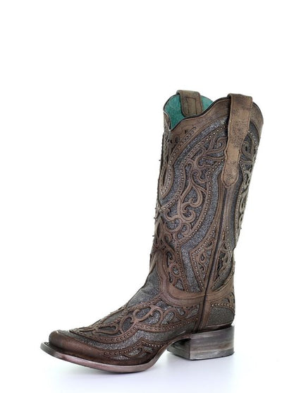 Corral Women's Grey Inlay Embroidery & Studs Western Boots