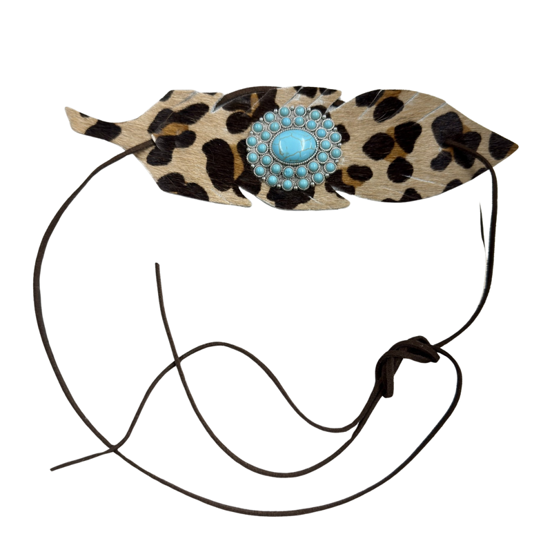 Large Leather Feather Hat Band with Turquoise Concho