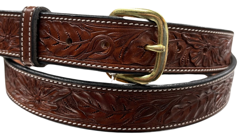Visalia Stock Saddle Co. Men's Wild Rose Tooled Chocolate Brown Leather Belt