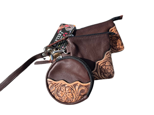 Rafter T Soft Leather Coin Purse Trio with Tooled Corners