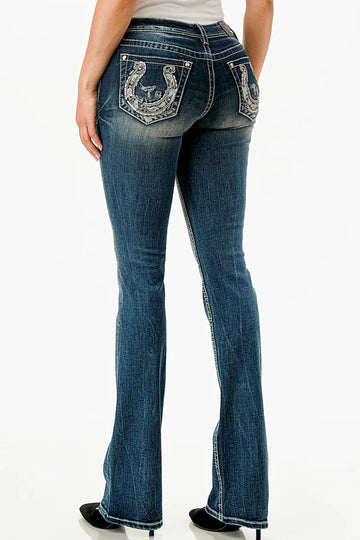 Grace in LA Dark Wash Easy Fit Paisley Embroidery Inset Horseshoe Bootcut Women's Jeans