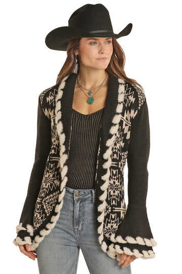 Powder River Aztec Print Fur Lacing Cardigan