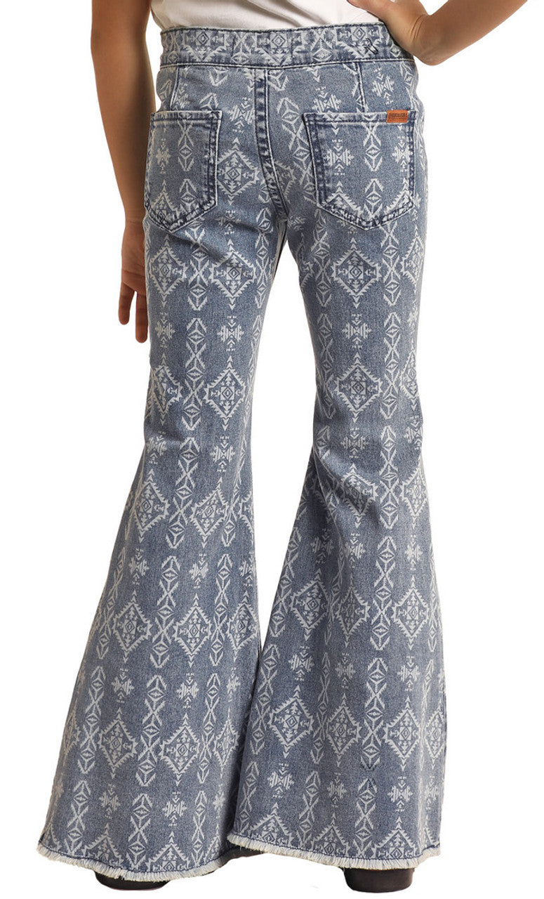 Rock & Roll Girl's High Rise Extra Stretch Medium Wash Aztec Flare Jeans