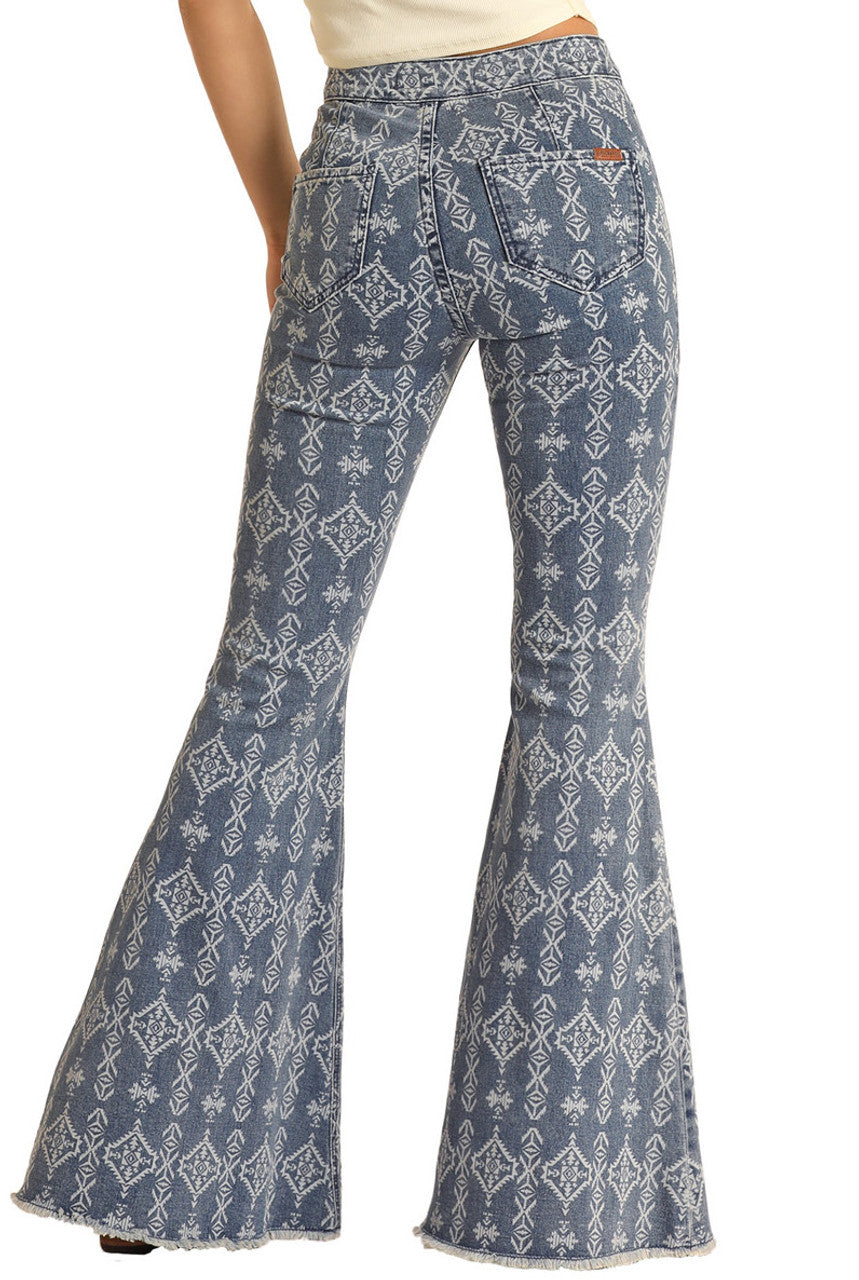 Rock & Roll Women's Aztec High Rise Extra Stretch Bell Bottom Jeans