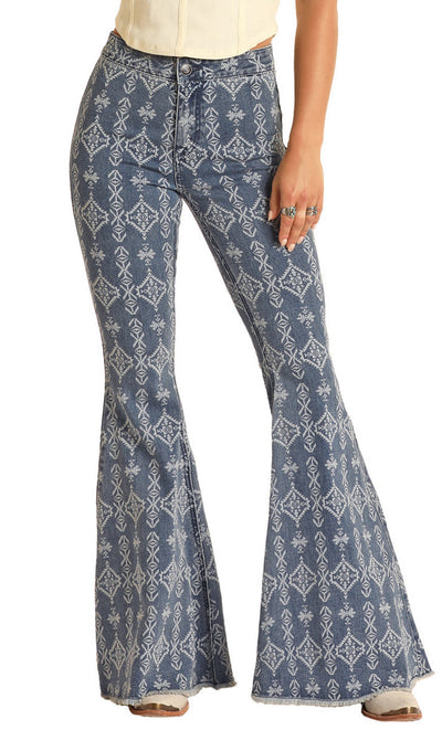 Rock & Roll Women's Aztec High Rise Extra Stretch Bell Bottom Jeans