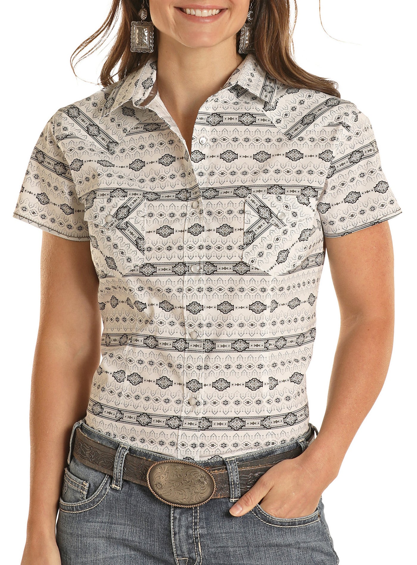 Panhandle Rough Stock Women's Ombre Aztec Print Short Sleeve Snap Shirt