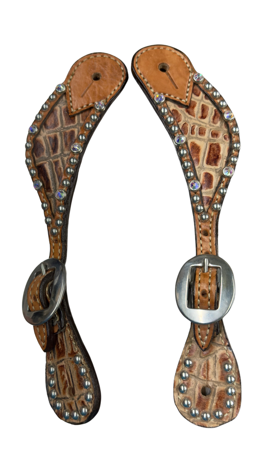 Alamo Saddlery Ladies Spur Straps Tan Gator Print with Crystals & Silver Studs