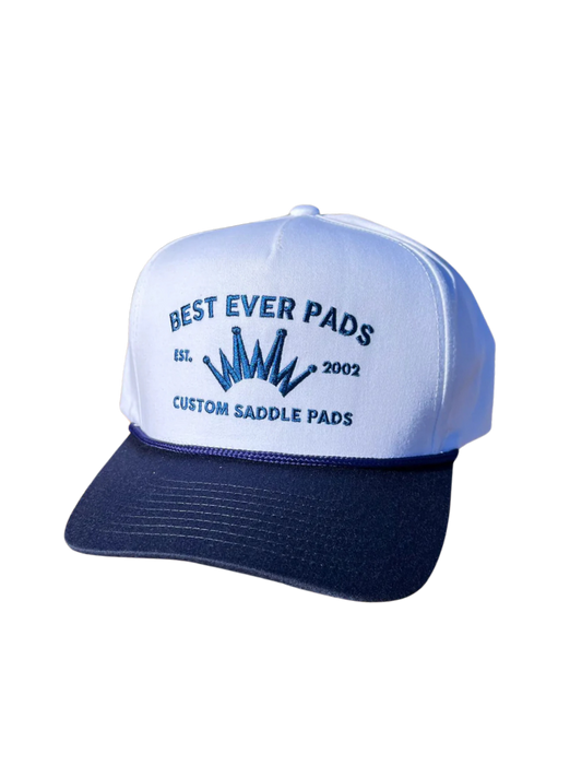 Best Ever White Ball Cap w/Flat Brim and Navy Rope