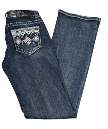 Grace in LA Women's Easy Fit Mid Rise Boot Cut Jeans w/Aztec Embellished Pockets