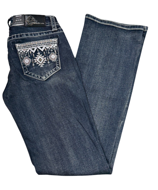 Grace in LA Women's Easy Fit Mid Rise Boot Cut Jeans w/Aztec Embellished Pockets
