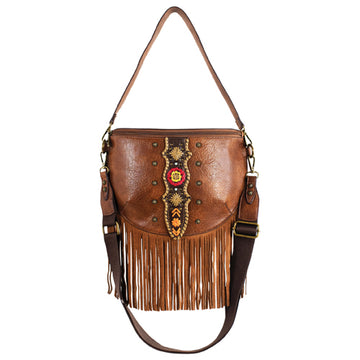 Catchfly Ladies Tan Multicolored Whip Stitch Flowers w/Fringe Sling Pouch