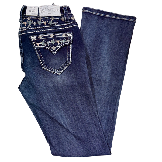 Grace in LA Women's Embroidered Yoke Detail Bootcut Jeans